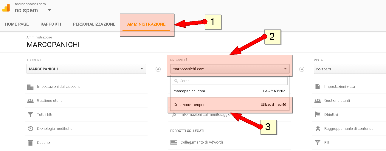 creare nuova proprietà su google analytics