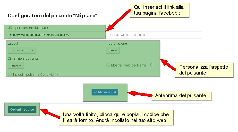 configurazione pulsante mi piace facebook