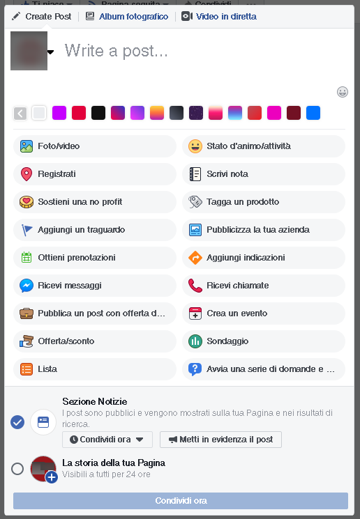 facebook creazione post opzioni