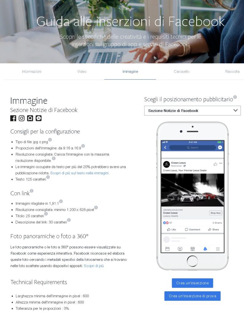 parametri immagine sponsorizzata post facebook