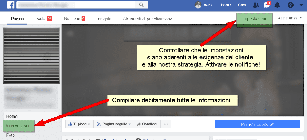 preparazione pagina facebook impostazioni informazioni