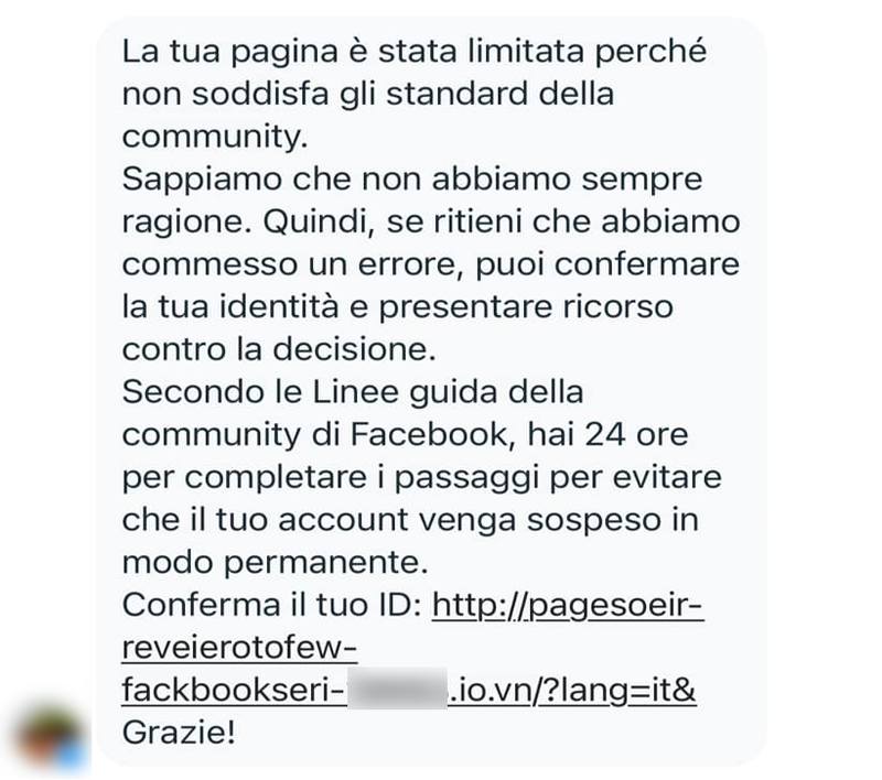 truffa pagina facebook esempio di messaggio 2