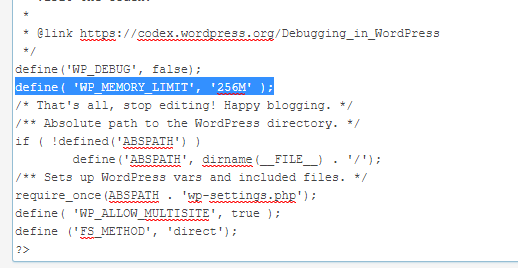 wordpress wp config aumento memoria php