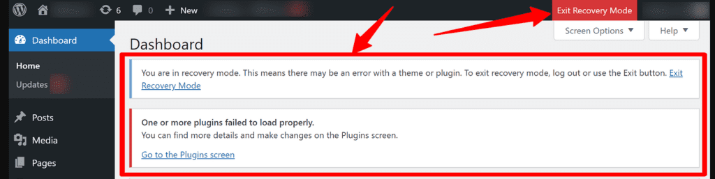 recovery mode wordpress dashboard