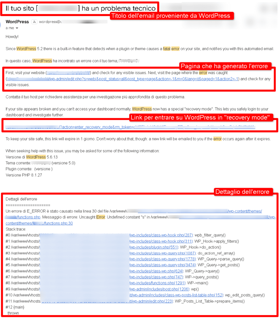 wordpress notifica email errore fatale link recovery mode