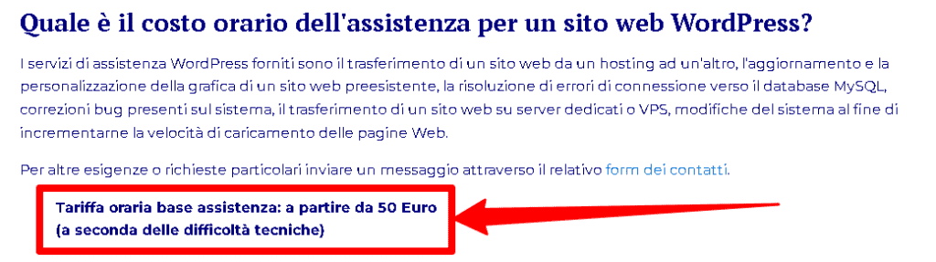 esempio tariffa oraria wordpress a partire da