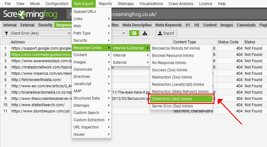 screaming frog spider broken links bulk export inlinks