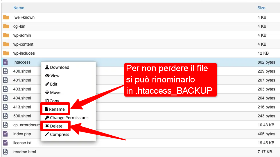 wordpress eliminazione reset htaccess