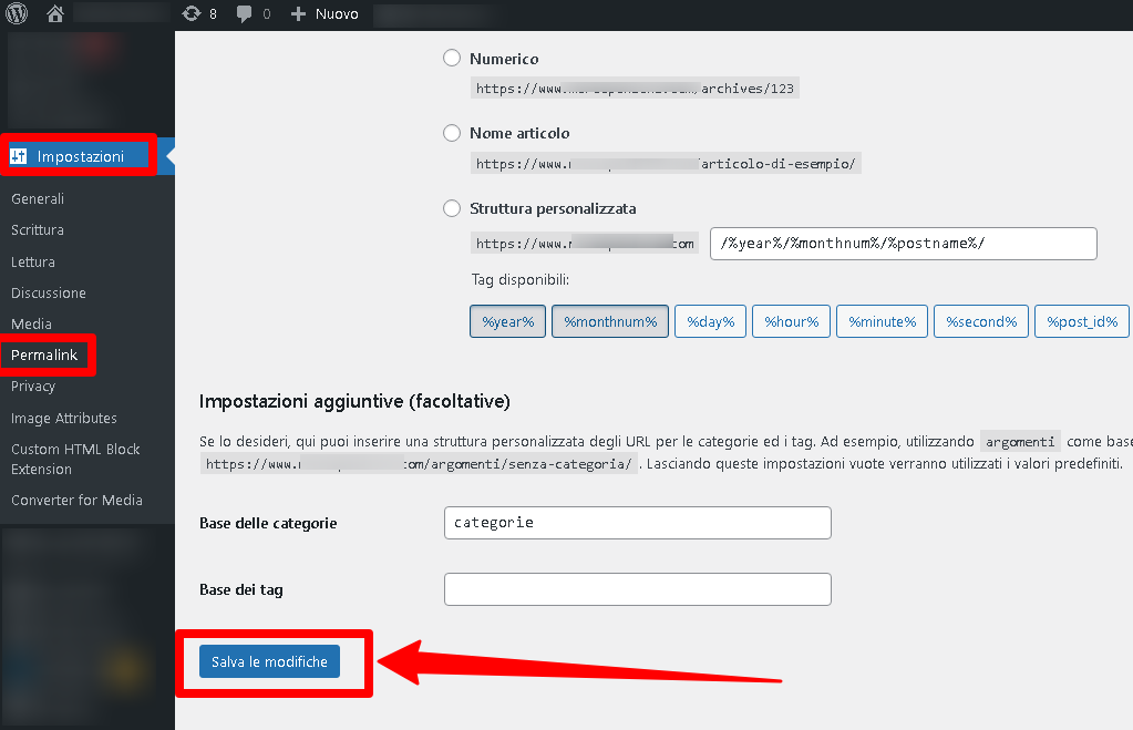 wordpress salvare permalink